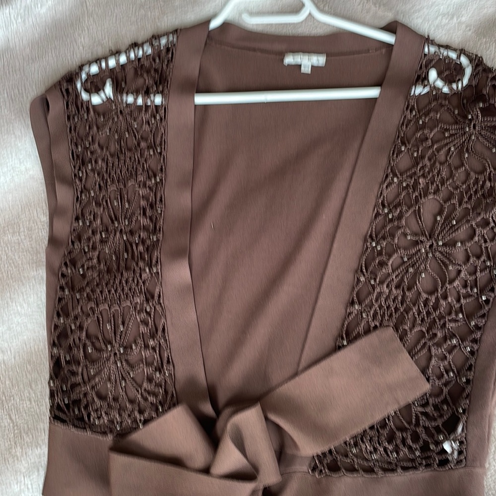 Yuka Paris chocolate beaded top mini cardigan